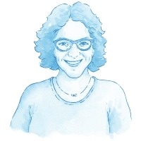 Head and shoulders hand drawn portrait of Crystal Hiltz with short curly hair and glasses.
