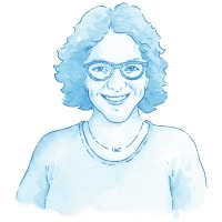 Un portrait  dessiné à la main de la tête et les épaules de Crystal Hiltz aux cheveux courts frisés et portant des lunettes.