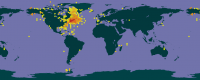 World map with red, orange and yellow points indicating collection locations of ARC specimens