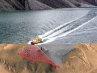 Diagram showing sonar beams fanning out underneath a small boat.