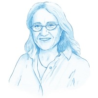 Head and shoulders hand drawn portrait of Moira Brown with long hair and glasses.
