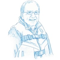 Head and shoulders hand drawn portrait of Peter Lawton wearing glasses and a lifejacket.