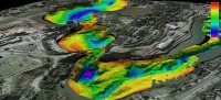 Rainbow-coloured relief map of a river bed.