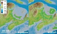 Carte du niveau actuel de la mer et de celui d’il y a 9 000 ans.