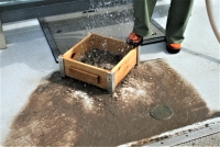 Photograph of water falling onto a sieve and washing sediment out of the sample