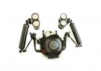 Photograph of the Blackmagic 4k video camera set up for use on a SCUBA dive.