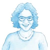 Head and shoulders hand drawn portrait of Crystal Hiltz with short curly hair and glasses.