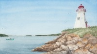 Watercolour illustration in muted shades of blue, green and brown. A white lighthouse stands on a headland overlooking a calm sea with a small turquoise fishing boat.