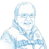 Un portrait dessiné à la main de la tête et les épaules de Peter Lawton portant des lunettes et un gilet de sauvetage.