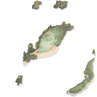 L’aquarelle d’une carte teinte en vert et brun de l’île Sandy Island avec des arbres et des plages.